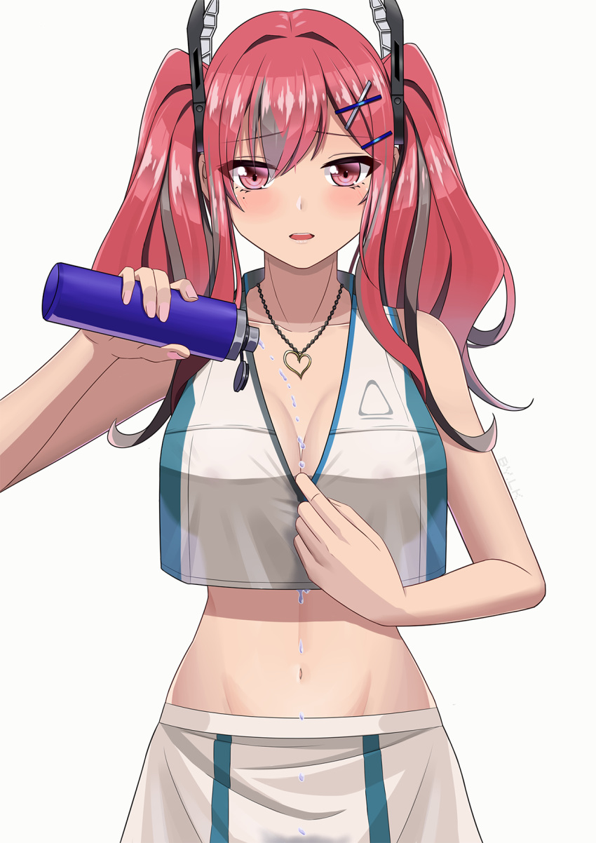 1girl azur_lane bangs bare_shoulders blush bottle breasts bremerton_(azur_lane) bremerton_(scorching-hot_training)_(azur_lane) cleavage commentary_request crop_top crop_top_overhang eyebrows_visible_through_hair hair_between_eyes hair_ornament headgear heart heart_necklace highres large_breasts lemon_kele looking_at_viewer midriff mole mole_under_eye multicolored_hair navel parted_lips pouring_onto_self red_eyes shirt sleeveless sleeveless_shirt sportswear stomach streaked_hair tennis_uniform two-tone_skirt two_side_up water water_bottle x_hair_ornament