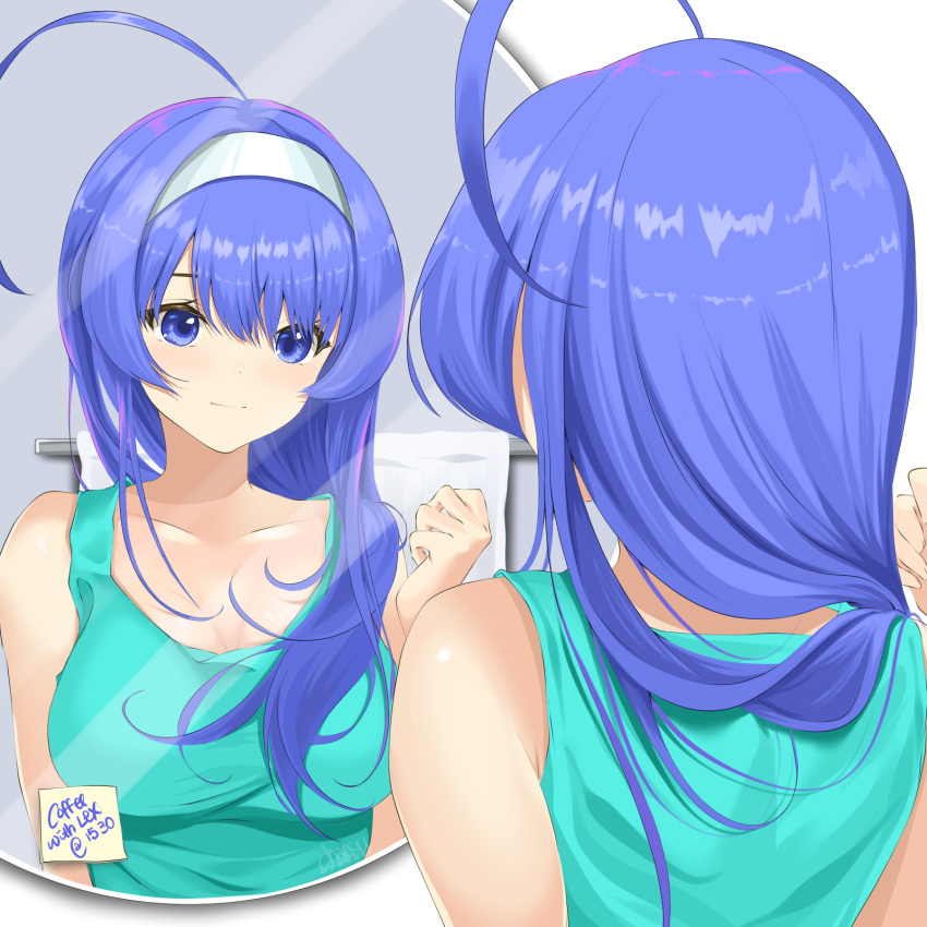 1girl ahoge arm_up blue_eyes blue_hair breasts chaesu cleavage collarbone commentary english_text from_behind hair_between_eyes hairband head_tilt highres huge_ahoge large_breasts light_smile long_hair looking_at_mirror mirror orie_(under_night_in-birth) reflection shirt simple_background sleeveless sleeveless_shirt solo standing sticky_note towel towel_rack under_night_in-birth upper_body very_long_hair white_background