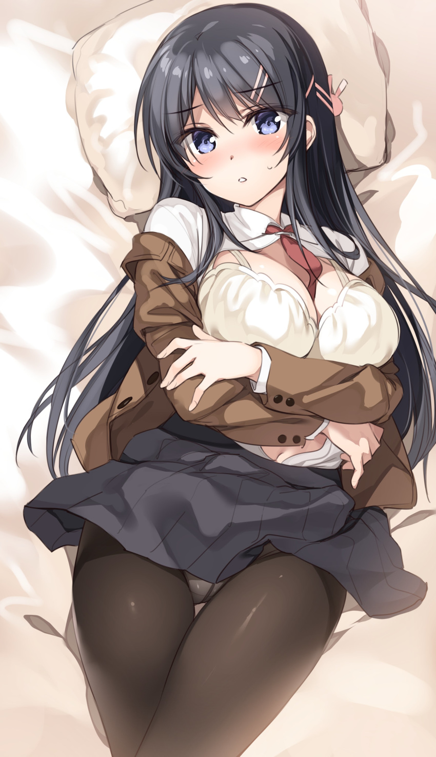 1girl absurdres bed_sheet black_hair black_skirt blue_eyes blush bra breasts brown_jacket brown_legwear cleavage hair_ornament hairclip highres jacket large_breasts long_hair looking_at_viewer lying miniskirt necktie nose_blush on_back open_clothes open_shirt oryou pantyhose parted_lips pillow pleated_skirt sakurajima_mai school_uniform seishun_buta_yarou shirt skirt solo underwear white_bra white_shirt