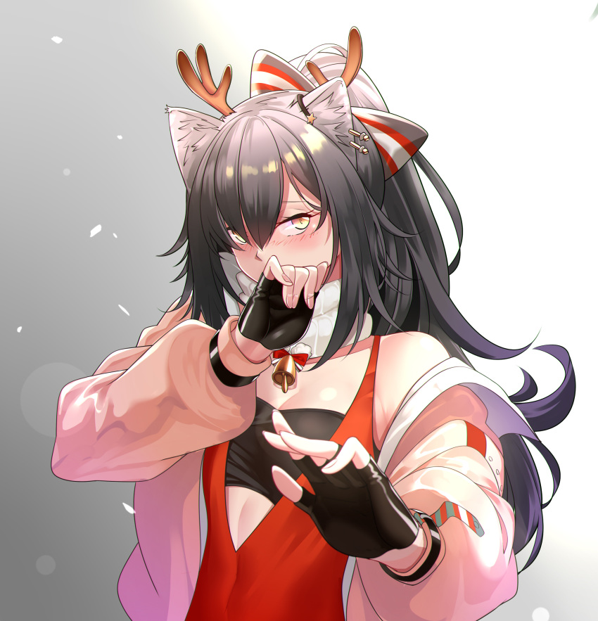 1girl absurdres animal_ears arknights bandeau bell black_gloves blush bow breasts brown_jacket camisole cat_ears cleavage covering_mouth earrings fake_antlers fingerless_gloves gloves grey_background grey_hair hair_between_eyes hair_bow hair_over_one_eye highres jacket jewelry light long_hair long_sleeves looking_at_viewer medium_breasts midriff neck_bell off_shoulder ponytail red_camisole scarf schwarz_(arknights) shijie_jianfa simple_background solo strapless tubetop two-tone_background upper_body white_background white_scarf yellow_eyes