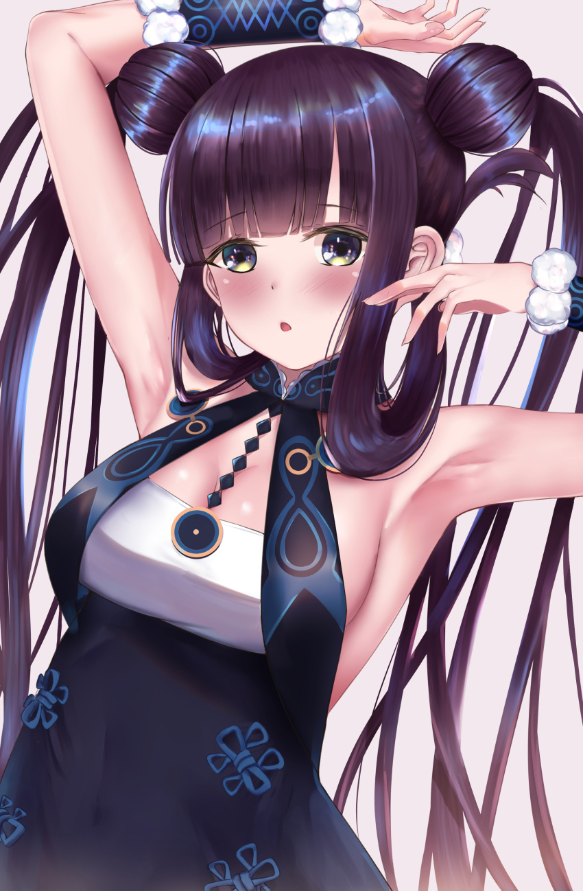 1girl absurdres armpits arms_up bangs bare_shoulders black_dress blue_eyes blunt_bangs blush breasts cleavage detached_sleeves double_bun dress fate/grand_order fate_(series) hair_ornament highres long_hair looking_at_viewer medium_breasts open_mouth purple_hair rito_(ritoxiaying) sidelocks solo twintails very_long_hair yang_guifei_(fate/grand_order)