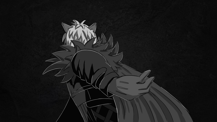 1boy absurdres animal_ears arknights back_turned english_commentary english_text fur-trimmed_sleeves fur_trim highres ichi10art leopard_ears male_focus meme monochrome monochrome_background necktie ricardo_milos silverash_(arknights) white_hair