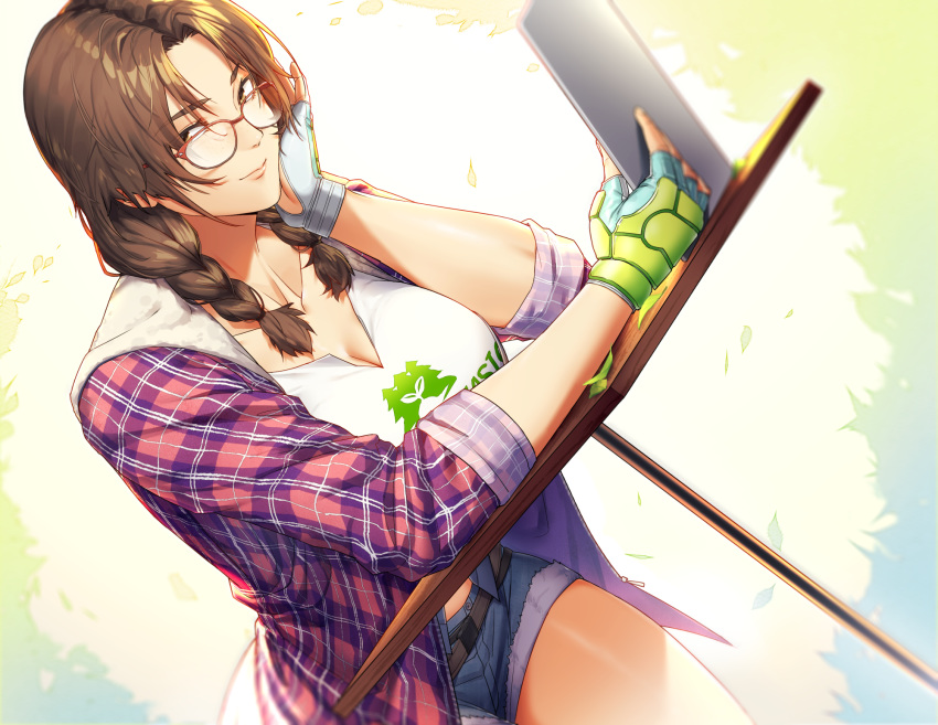 1girl bangs belt braid breasts checkered cleavage closed_mouth collarbone commentary_request denim denim_shorts dutch_angle fingerless_gloves glasses gloves green_gloves hand_on_own_cheek highres holding_tablet_pc houjoh_(7th-heaven) julia_chang large_breasts looking_at_viewer parted_bangs shirt shorts sleeves_rolled_up smile table tekken tekken_7 thighs twintails white_shirt