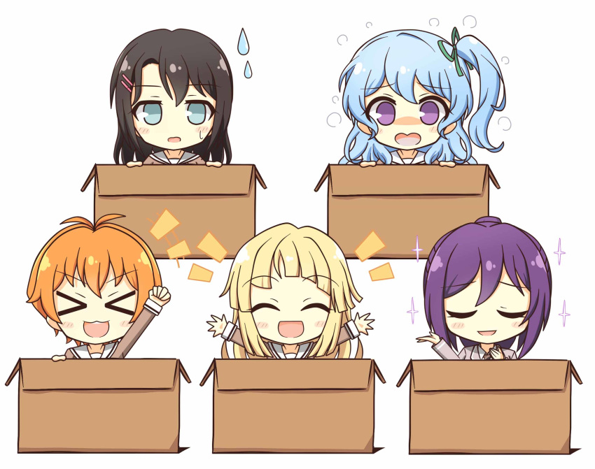 &gt;_&lt; 5girls :0 :3 :d \o/ ^_^ antenna_hair arm_up arms_up bang_dream! bangs black_hair blazer blonde_hair blush_stickers box brown_dress brown_neckwear cardboard_box clenched_hand closed_eyes collared_shirt commentary_request dress eyebrows_visible_through_hair flying_sweatdrops green_ribbon grey_eyes grey_jacket hair_between_eyes hair_ornament hair_ribbon hairclip hanasakigawa_school_uniform hand_up haneoka_school_uniform hello_happy_world! highres in_box in_container jacket kitazawa_hagumi light_blue_hair long_hair long_sleeves looking_at_viewer matsubara_kanon medium_hair multiple_girls necktie notice_lines okusawa_misaki one_side_up open_hands open_mouth orange_hair outstretched_arms ponytail purple_eyes purple_hair ribbon sailor_collar sailor_dress school_uniform seta_kaoru shirt short_hair sidelocks simple_background smile sparkle striped striped_neckwear sweatdrop teen_(teen629) tsurumaki_kokoro u_u upper_body white_background white_sailor_collar white_shirt x3 xd |d