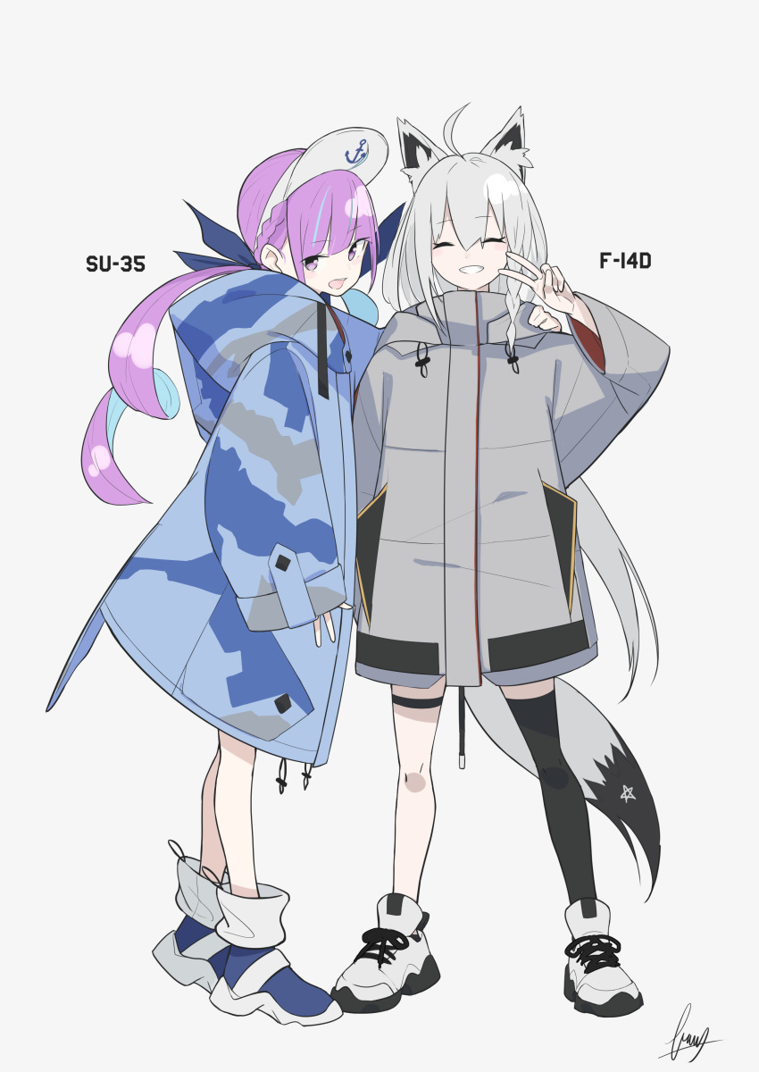 2girls absurdres ahoge alternate_costume anchor_symbol animal_ear_fluff animal_ears black_legwear blue_hair camouflage_hoodie closed_eyes commentary_request eyebrows_visible_through_hair fami_(yellow_skies) fox_ears fox_tail full_body grey_background grey_hair grin hand_on_another's_shoulder highres hololive hood hoodie long_hair long_sleeves looking_at_viewer maid_headdress minato_aqua multicolored_hair multiple_girls purple_eyes purple_hair shirakami_fubuki signature simple_background single_thighhigh smile standing tail thigh_strap thighhighs two-tone_hair v virtual_youtuber