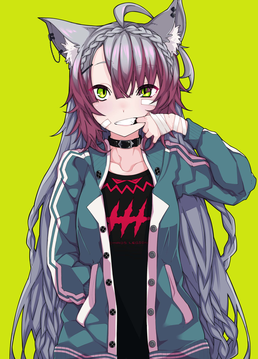 1girl absurdres animal_ear_fluff animal_ears atalanta_(alter)_(fate) atalanta_(fate) bandaged_hands bandages bangs black_choker black_shirt braid brown_hair cheek_pull choker clenched_teeth clothes_writing collarbone commentary_request eyebrows_visible_through_hair fate/grand_order fate_(series) finger_in_mouth gradient_hair green_background green_eyes green_jacket grey_hair hair_over_one_eye hand_in_pocket highres jacket kirishina_(raindrop-050928) long_hair long_sleeves looking_at_viewer multicolored_hair open_clothes open_jacket shirt simple_background solo teeth upper_body very_long_hair