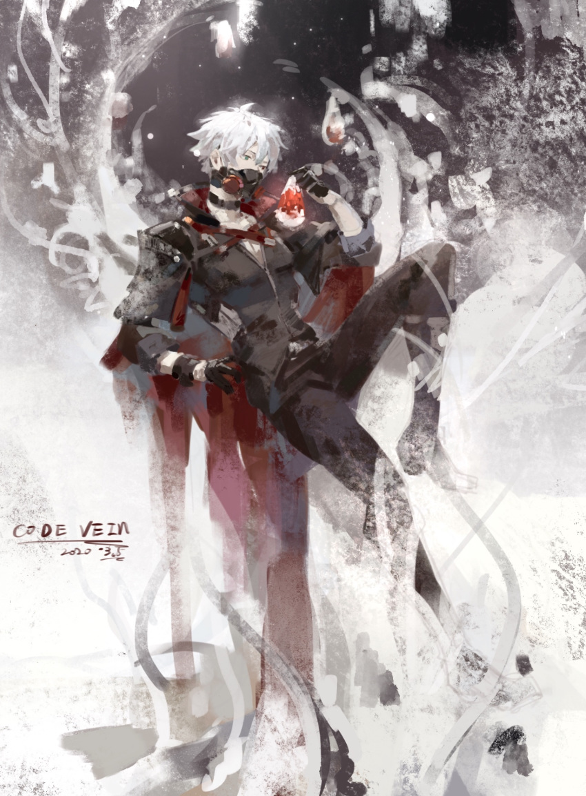 1boy black_choker black_gloves cape choker code_vein collarbone dated gas_mask gloves green_eyes hair_between_eyes half_gloves heterochromia highres holding loladestiny male_focus protagonist_(code_vein) red_cape red_eyes sketch sleeves_rolled_up solo tree white_hair