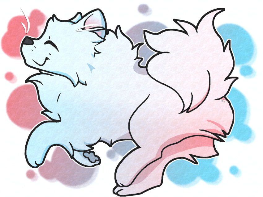 ambiguous_gender blue_body blue_fur canid canine canis cotton_candy curled_tail domestic_dog feral fur gradient hair hi_res japanese_spitz long_hair mammal paws pink_body pink_fur plumed_tail purple_body purple_fur running solo solo_focus sparklepuppoki spitz