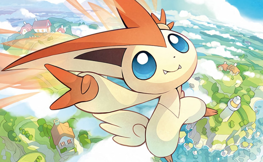 akitsu_taira blue_eyes commentary creature day english_commentary fangs full_body gen_5_pokemon house looking_at_viewer multiple_sources no_humans official_art outdoors pokemon pokemon_(creature) pokemon_trading_card_game scenery solo third-party_source tower victini window