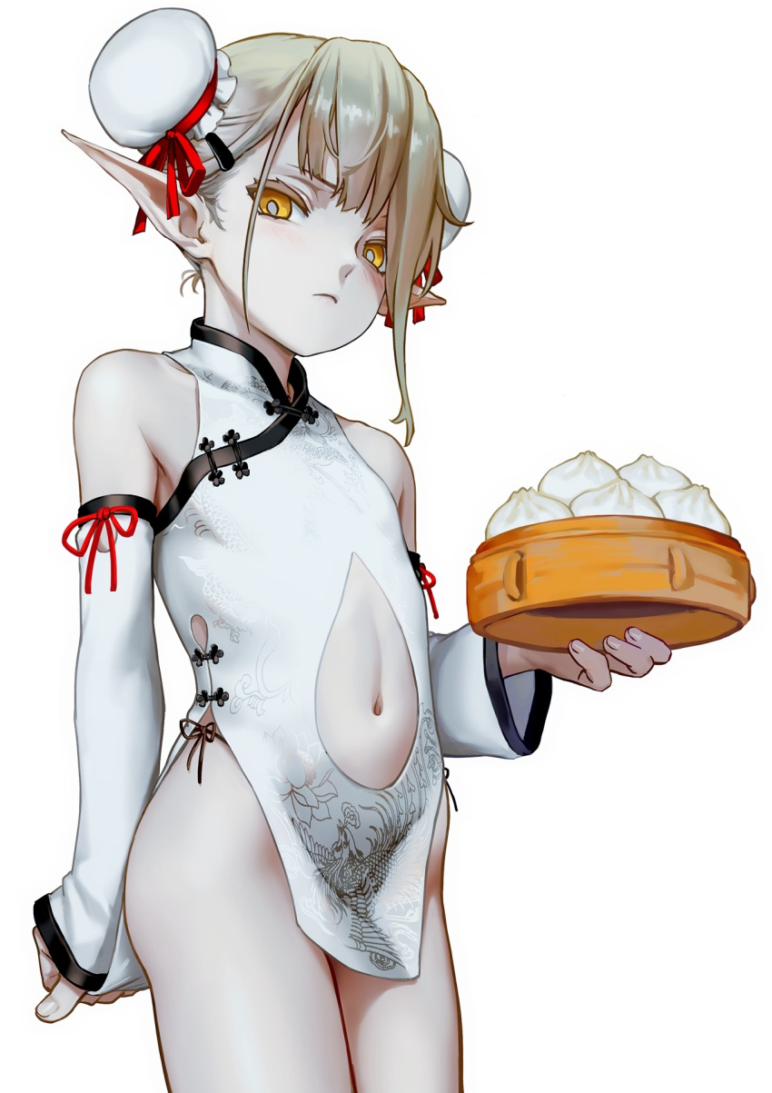 1girl as109 bamboo_steamer baozi bright_pupils bun_cover china_dress chinese_clothes cowboy_shot detached_sleeves double_bun dress empty_eyes flat_chest food from_below hair_ornament hairclip highleg highleg_panties highres holding long_sleeves navel navel_cutout original pale_skin panties pointy_ears short_dress short_hair shui_lan_er side-tie_panties sidelocks simple_background sleeves_past_wrists solo underwear virtual_youtuber white_dress yellow_eyes