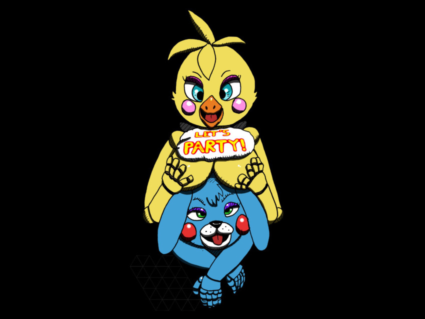 4:3 avian bib bird breast_grab breasts chicken deltagon duo female five_nights_at_freddy's five_nights_at_freddy's_2 galliform gallus_(genus) hand_on_breast hi_res lagomorph leporid male male/female mammal phasianid rabbit tongue tongue_out toy_bonnie_(fnaf) toy_chica_(fnaf) video_games
