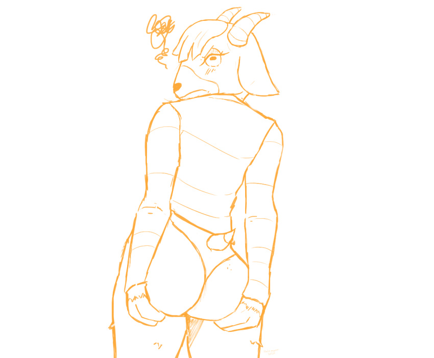 animal_crossing annoyed anthro bangs bovid butt caprine clothing female goat holding_butt holemann horizontal_pupils looking_back mammal nintendo panties pashmina_(animal_crossing) sketch solo sweater topwear underwear video_games