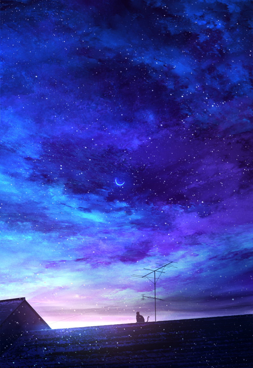 absurdres blue_sky cat cloud cloudy_sky commentary_request crescent_moon highres house mks moon no_humans on_roof original outdoors rooftop scenery sky snow star_(sky) starry_moon starry_sky