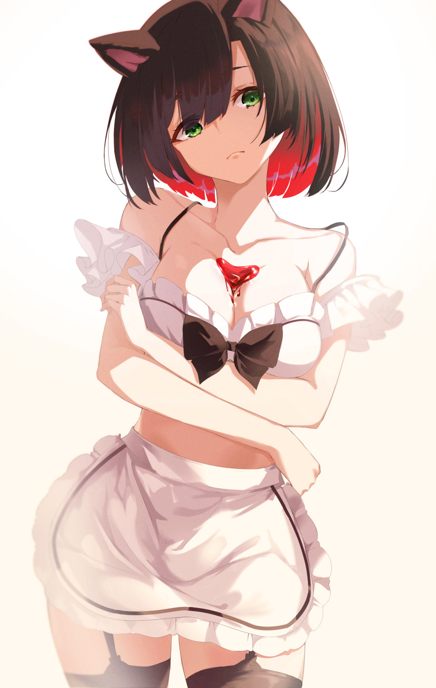 1girl absurdres animal_ears apron bangs bare_shoulders black_bow black_hair black_legwear blade_&amp;_soul bow breasts cat_ears character_request cleavage closed_mouth collarbone cowboy_shot frilled_apron frills garter_straps green_eyes head_tilt highres kooemong looking_at_viewer medium_breasts multicolored_hair red_hair short_hair simple_background strap_slip thighhighs two-tone_hair waist_apron white_apron white_background