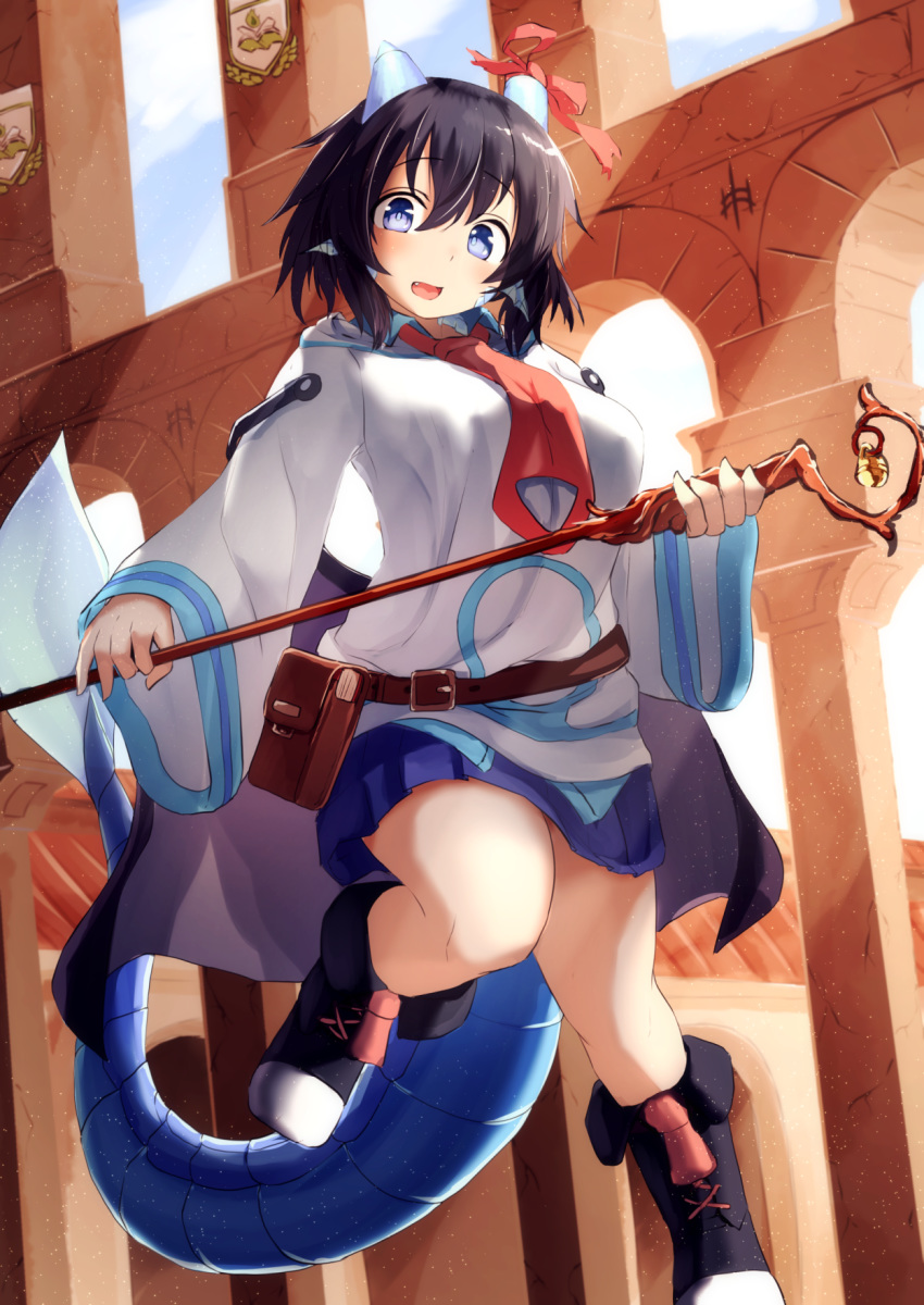 1girl bangs black_cape black_footwear black_hair blue_eyes blue_skirt blush boots breasts cape commentary_request day dragon_girl dragon_horns dragon_tail eyebrows_visible_through_hair fang hair_between_eyes highres holding holding_staff horn_ribbon horns knee_boots kyabe_tsuka leaf-chan long_sleeves looking_at_viewer open_mouth original outdoors pleated_skirt red_neckwear red_ribbon ribbon shirt skirt sleeves_past_wrists small_breasts solo staff standing standing_on_one_leg tail white_shirt wide_sleeves