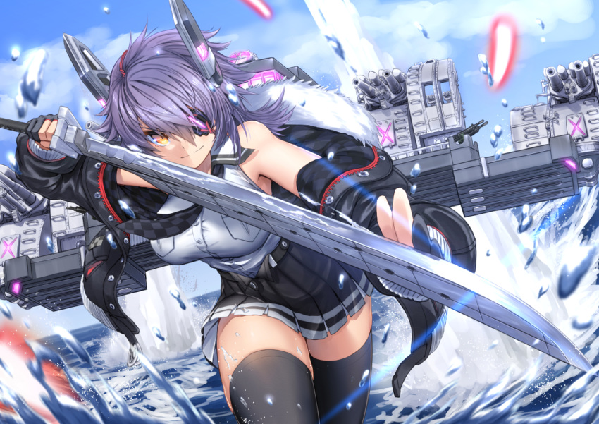 1girl bangs black_gloves black_jacket black_legwear black_skirt breasts checkered checkered_neckwear cloud day eyebrows_visible_through_hair eyepatch gloves headgear jacket kantai_collection large_breasts machinery necktie outdoors partly_fingerless_gloves pleated_skirt purple_hair remodel_(kantai_collection) rigging shirt short_hair skirt sky sleeveless sleeveless_shirt smile solo sword tenryuu_(kantai_collection) thighhighs water weapon yellow_eyes zombie_mogura