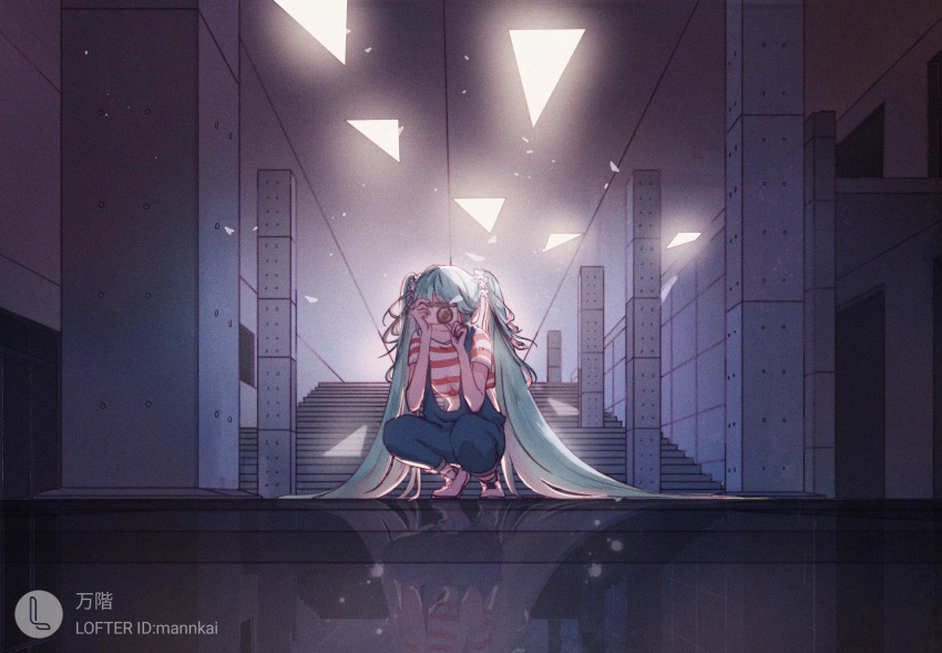 1girl aqua_hair bangs bare_arms blue_pants camera ceiling closed_mouth crop_top crop_top_overhang facing_viewer flower hair_flower hair_ornament hatsune_miku highres holding holding_camera light_particles long_hair mannkai midriff pants pillar reflective_floor shirt shoes short_sleeves smile solo squatting stairs striped striped_shirt taking_picture triangle twintails very_long_hair vocaloid white_footwear