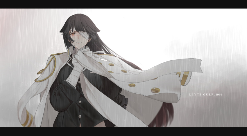 1944 1girl azur_lane bandage_over_one_eye black_hair black_jacket brown_eyes clenched_teeth commentary crying crying_with_eyes_open dishwasher1910 english_commentary half-closed_eye hand_up jacket jacket_on_shoulders letterboxed long_hair long_sleeves looking_at_viewer rain solo takao_(azur_lane) tears teeth upper_body very_long_hair white_jacket
