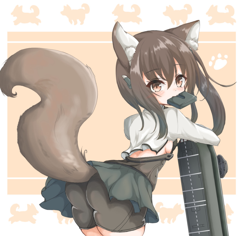 1girl animal_ear_fluff animal_ears ass bike_shorts breasts brown_eyes brown_hair cartridge commentary_request cowboy_shot dog_ears dog_tail flight_deck headband headgear highres kantai_collection kasashi_(kasasi008) kemonomimi_mode looking_at_viewer mouth_hold paw_print sideboob small_breasts solo standing taihou_(kantai_collection) tail two-tone_background