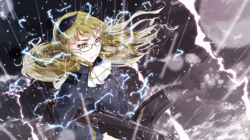 1girl animal_ears ascot bangs blonde_hair blue_jacket cat_ears closed_mouth commentary electricity flying frown glasses gun highres holding holding_gun holding_weapon jacket kaya_(nari1-24) lightning long_hair long_sleeves looking_to_the_side machine_gun military military_uniform perrine_h_clostermann rain silver-framed_eyewear solo storm strike_witches uniform weapon wet wet_hair white_neckwear wind world_witches_series yellow_eyes