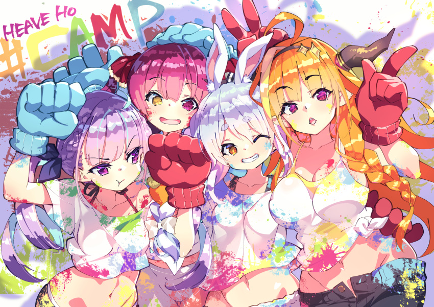 4girls :d :t ahoge arm_up bangs black_hairband black_pants blonde_hair blue_gloves blue_hair blue_ribbon blush bow braid brown_eyes brown_hair bunny-shaped_pupils closed_mouth collarbone commentary_request crop_top eyebrows_visible_through_hair fujishima-sei_ichi-gou gloves grin hair_bow hair_ribbon hairband hand_on_another's_head heterochromia highres hololive horns houshou_marine index_finger_raised kiryuu_coco long_hair midriff minato_aqua multicolored_hair multiple_girls navel off-shoulder_shirt off_shoulder one_eye_closed open_mouth paint_on_face paint_splatter pants pout purple_eyes purple_hair red_gloves red_ribbon ribbon ringlets shadow shirt short_eyebrows short_sleeves smile streaked_hair symbol-shaped_pupils thick_eyebrows twin_braids twintails two-tone_hair usada_pekora v-shaped_eyebrows very_long_hair virtual_youtuber white_bow white_hair white_shirt