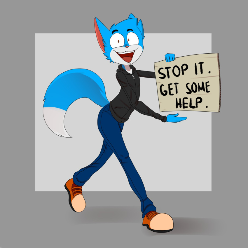 1:1 2020 5_fingers anthro biped blue_body blue_fur bottomwear canid canine clothed clothing countershade_face countershading dipstick_tail english_text fingers footwear fox fully_clothed fur hi_res holding_object holding_sign jay-r jay-r_(character) looking_at_viewer male mammal meme multicolored_tail open_mouth open_smile pants plantigrade reaction_image shoes simple_background smile snout solo standing text topwear wide_eyed