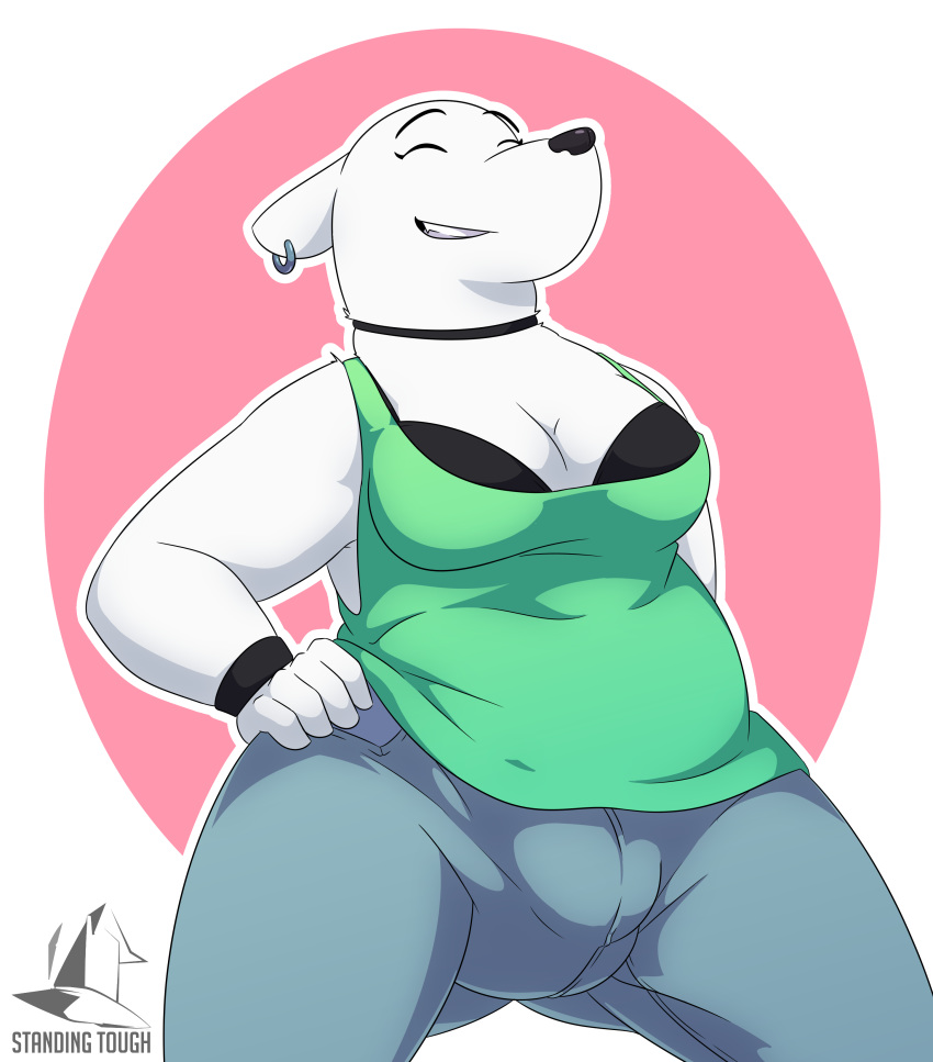 absurd_res anthro bra bulge clothed clothing ear_piercing ear_ring evelyn_(sff) gynomorph hi_res humanoid intersex mammal piercing polar_bear shirt simple_background slightly_chubby smile solo standing_tough super_fuck_friends tank_top topwear trans_woman_(lore) underwear ursid ursine