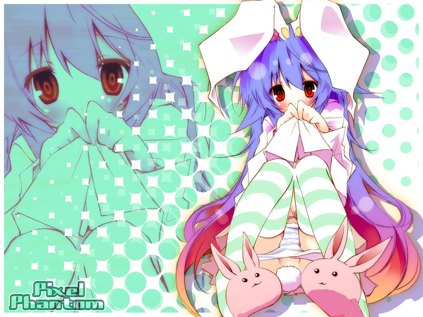 animal_ears blush bunny_ears bunny_tail gradient_hair kamiya_yuu long_hair multicolored_hair panties panty_pull red_eyes reisen_udongein_inaba sitting slippers solo striped striped_legwear tail thighhighs touhou underwear wallpaper white_panties zoom_layer