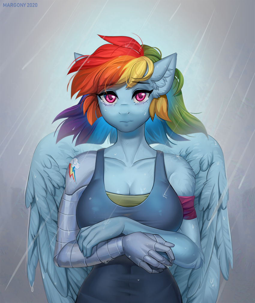 2020 5_fingers anthro bodily_fluids breasts cleavage clothed clothing crying cutie_mark digital_media_(artwork) equid equine eyelashes feathered_wings feathers female fingers friendship_is_magic hair hi_res inner_ear_fluff looking_at_viewer mammal margony multicolored_hair my_little_pony pink_eyes prosthetic prosthetic_arm prosthetic_limb pterippus rainbow_dash_(mlp) rainbow_hair solo tears tuft wings