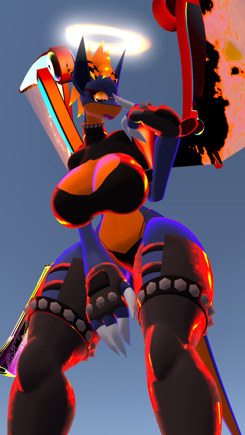 9:16 animal_humanoid anthro dragon dragon_humanoid eyewear eyewear_on_head female fire floating_wings glasses glasses_on_head gun halo hi_res humanoid princess_lucky punk rainbow ranged_weapon snerfoil solo vrchat weapon