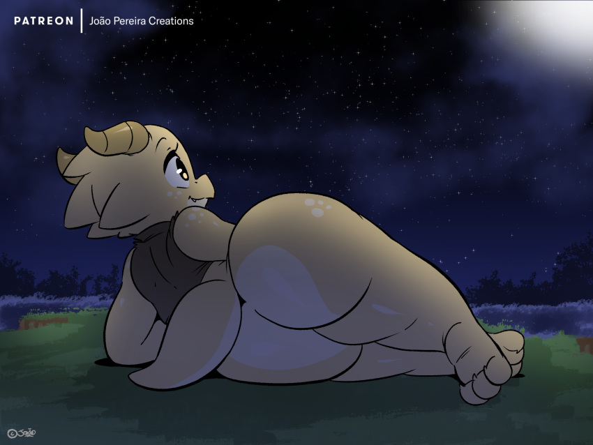 2020 4:3 anthro big_butt bottomless butt clothed clothing digital_media_(artwork) fangs female hi_res horn huge_butt joaoppereiraus kobold lying night on_side signature sky smile solo star starry_sky thick_thighs