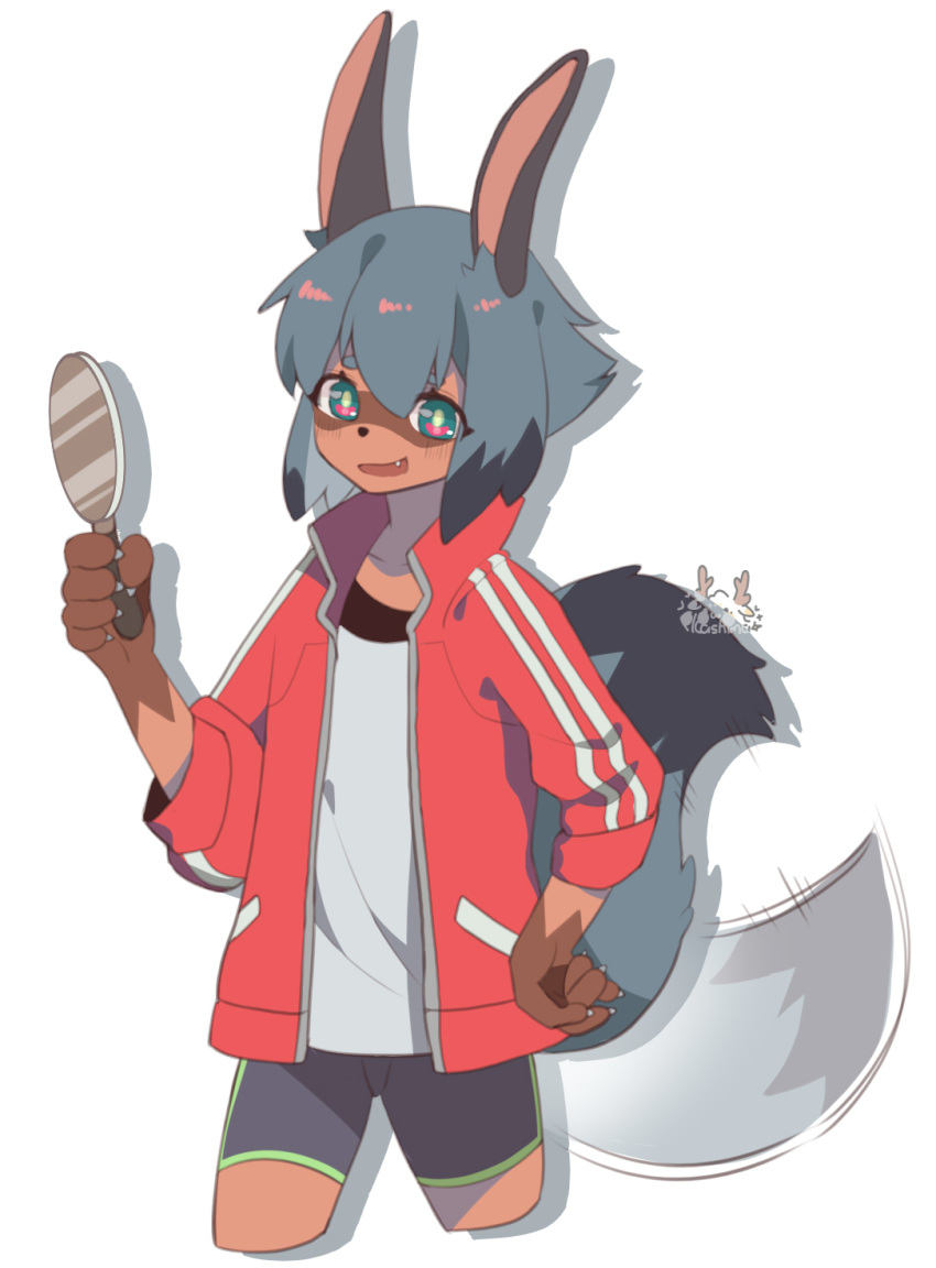 2020 5_fingers anime anthro black_nose blue_eyes blue_hair bottomwear brand_new_animal brown_body brown_fur canid canine clothed clothing cute_fangs female fingers fluffy fluffy_tail fur hair hand_on_hip hi_res holding_object hybrid jacket kashima_(ludao_mo) mammal michiru_kagemori mirror open_mouth portrait raccoon_dog shadow short_hair shorts simple_background solo studio_trigger tailwag tanuki three-quarter_portrait topwear white_background