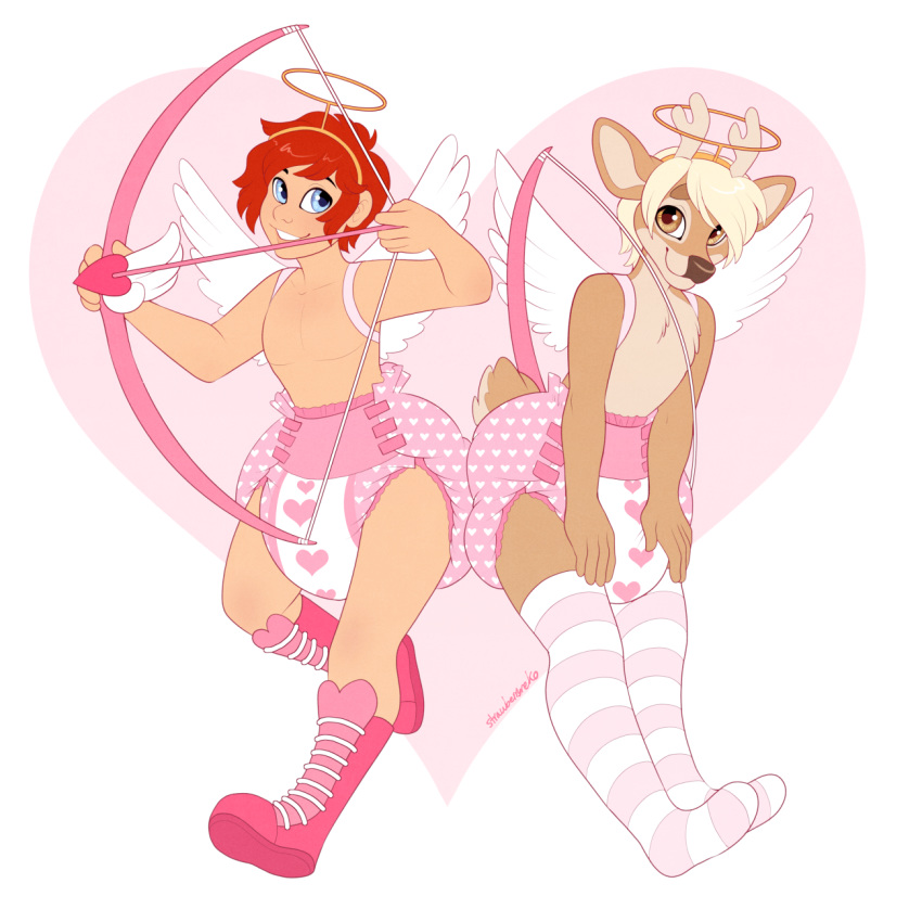 &lt;3 1:1 anthro arrow big_diaper bow cervid cupid diaper duo fur hi_res holding_object holding_weapon holidays human male mammal simple_background strawberryneko valentine's_day weapon wings