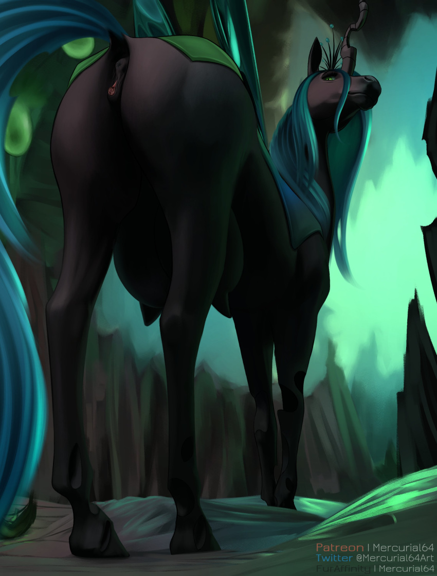 2020 absurd_res animal_genitalia animal_pussy anus arthropod butt changeling clitoris conditional_dnp digital_drawing_(artwork) digital_media_(artwork) equid equine_pussy female feral friendship_is_magic genitals green_eyes hi_res hole_(anatomy) horn looking_at_viewer looking_back mammal mercurial64 my_little_pony pussy queen_chrysalis_(mlp) solo teats text