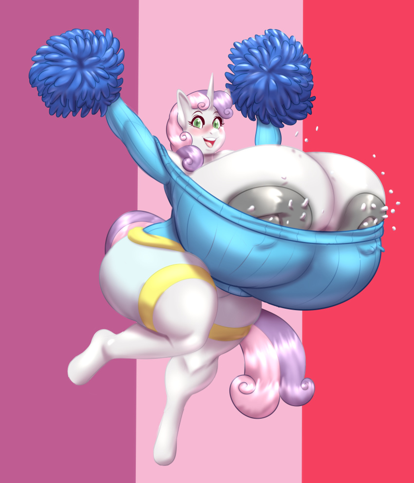 absurd_res aged_up anthro big_breasts blues64 blush bodily_fluids breasts cheerleader clothing equid eyebrows female friendship_is_magic hi_res horn huge_breasts hyper hyper_breasts lactating mammal mr.pink my_little_pony open_mouth pom_poms solo sweetie_belle_(mlp) unicorn