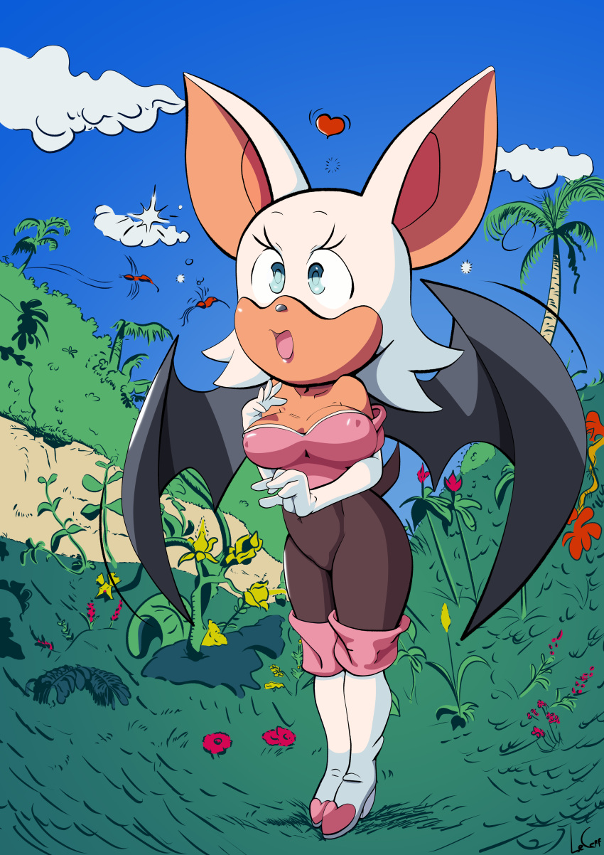 &lt;3 2020 absurd_res anthro bat_wings big_breasts black_clothing blue_eyes blue_sky boots breasts chiropteran cleavage clothed clothing cloud digital_drawing_(artwork) digital_media_(artwork) female flower footwear fur gloves handwear hi_res lecerf mammal membrane_(anatomy) membranous_wings nipple_outline open_mouth palm_tree pink_clothing plant rouge_the_bat sega sky solo sonic_the_hedgehog_(series) standing tan_body tan_skin tree video_games white_body white_fur wings