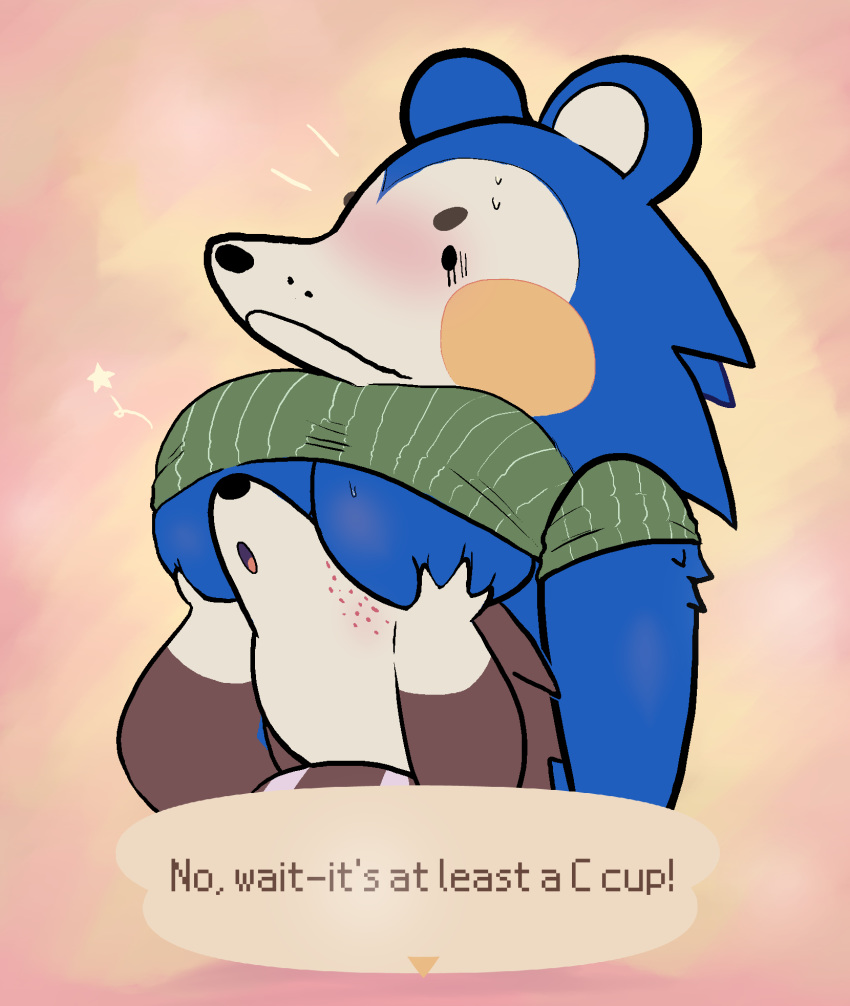 2020 animal_crossing anthro big_breasts blush bodily_fluids boob_hat breast_grab breasts clothed clothing dialogue digital_media_(artwork) duo embarrassed eulipotyphlan female female/female freckles fur hand_on_breast hedgehog hi_res humanoid incest mabel_able mammal nintendo omnigob open_mouth partially_clothed sable_able sibling simple_background sister sisters sweat sweatdrop text these_aren't_my_glasses topwear under_boob video_games