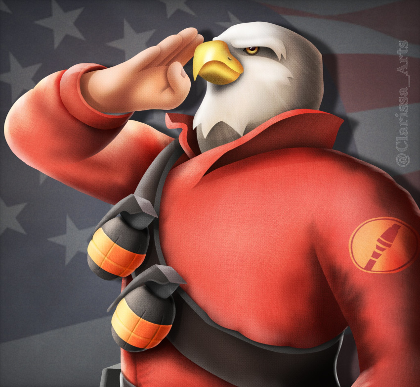2019 accipitrid accipitriform alternate_species animal_head avian bald_eagle beak bird clarissa_arts clothing eagle explosives feathers for_a_head gesture grenade hi_res humanoid red_clothing red_topwear salute sea_eagle soldier_(team_fortress_2) stars_and_stripes team_fortress_2 topwear united_states_of_america valve video_games weapon white_body white_feathers yellow_beak yellow_eyes