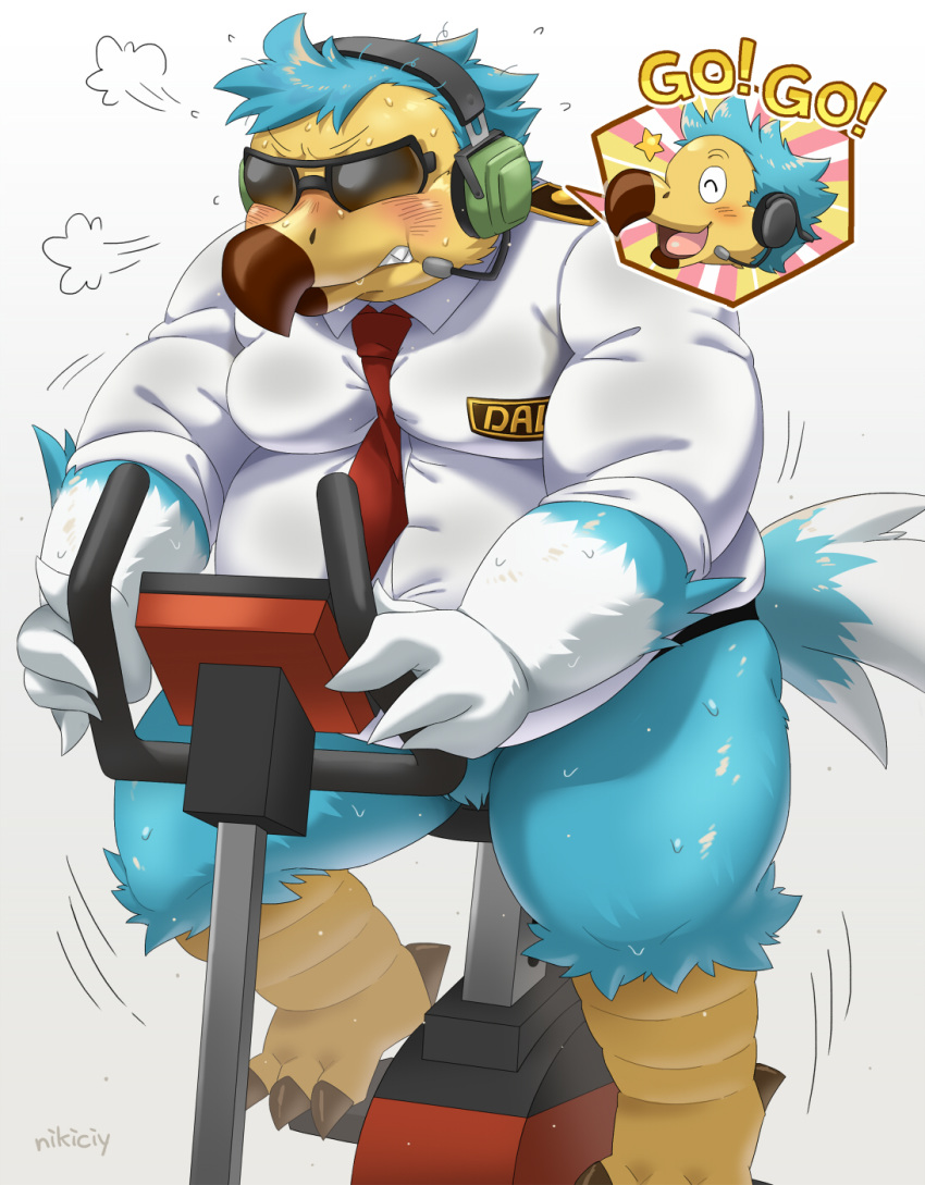 2020 animal_crossing anthro avian belly bird blue_body blush bodily_fluids clothing columbid dodo eyes_closed eyewear hi_res kemono male necktie nikiciy nintendo orville_(animal_crossing) overweight overweight_male shirt simple_background sitting solo_focus sunglasses sweat text topwear video_games white_background wilbur_(animal_crossing)