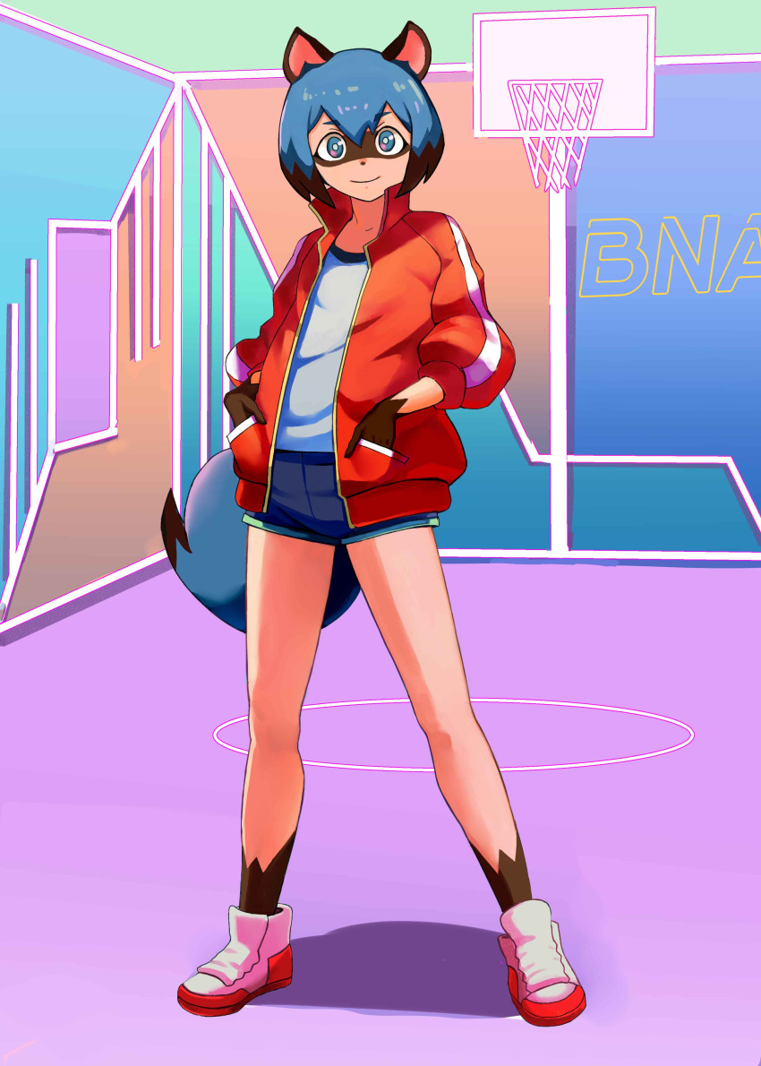 absurd_res anime anthro basketball_court black_body black_fur black_hair black_nose blue_body blue_eyes blue_fur blue_hair bottomwear brand_new_animal brown_body brown_fur canid canine clothed clothing female fingers fluffy fluffy_tail footwear full-length_portrait fur hair hands_in_pockets hi_res jacket looking_at_viewer mammal maroniki michiru_kagemori multicolored_body multicolored_fur multicolored_hair open_mouth pockets portrait raccoon_dog shoes smile solo studio_trigger tanuki topwear
