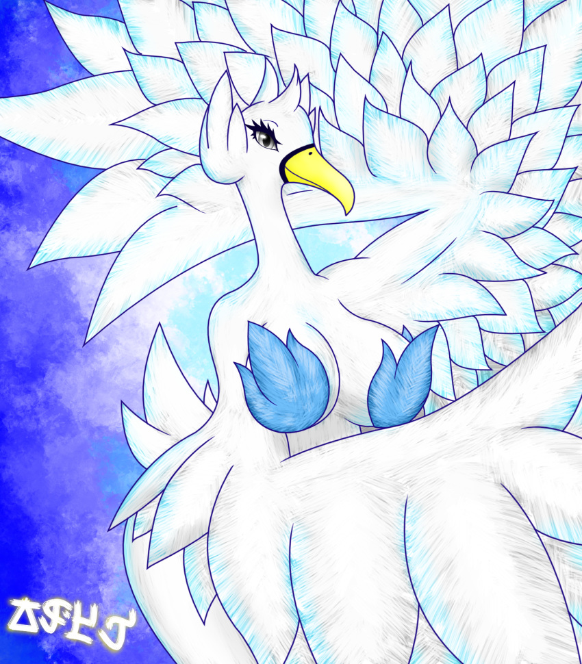 2020 anthro avian beak big_breasts biped bird blue_body blue_feathers blue_theme breasts digital_drawing_(artwork) digital_media_(artwork) feathered_wings feathers female grey_eyes hi_res jose-497 looking_at_viewer nintendo non-mammal_breasts nude pok&eacute;mon pok&eacute;mon_(species) pok&eacute;morph short_tail signature simple_background smile solo standing swanna tail_feathers thick_thighs video_games white_body white_feathers wide_hips wings yellow_beak