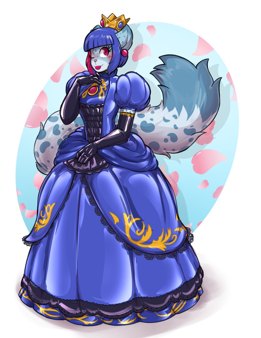 &lt;3 absurd_res anthro armwear ball_gown blue_hair blush clothing crown ear_piercing ear_ring elbow_gloves eyelashes felid female fluffy fluffy_tail gem gloves gold_(metal) gold_jewelry hair handwear helixjack hi_res highlights_(coloring) jewelry lace latex_clothing latex_gloves lipstick long_eyelashes makeup mammal mew_(helixjack) one_eye_closed pantherine petticoat piercing pink_eyes princess puffy_sleeves royalty rubber rubber_clothing snow_leopard solo straight_bangs wink