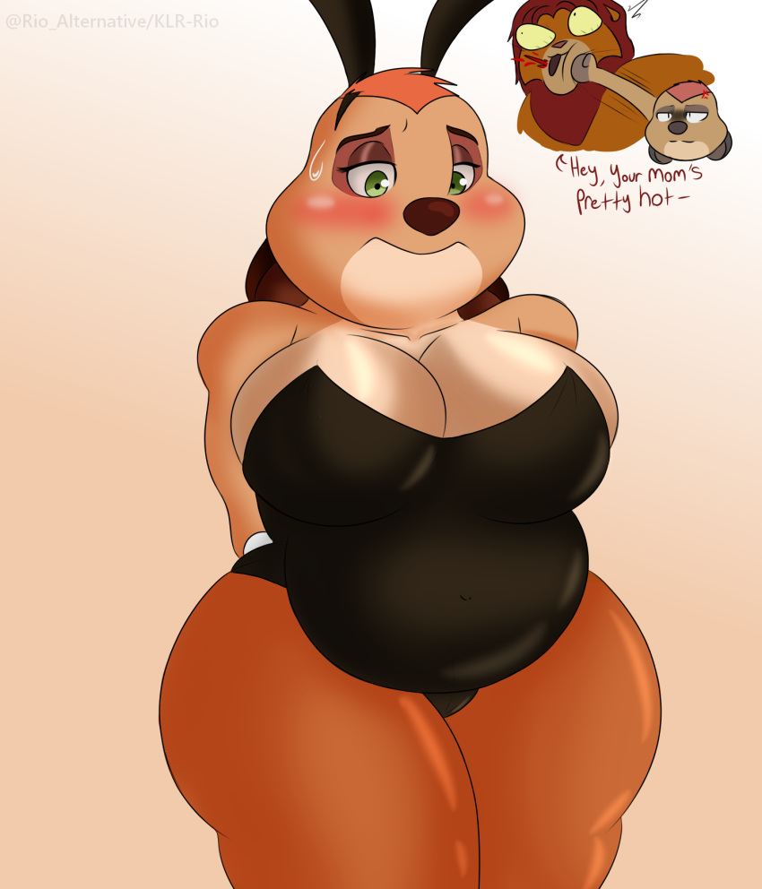 anthro blush bunny_costume clothing costume cross-popping_vein disney english_text fake_ears fake_rabbit_ears felid female hands_behind_back herpestid hi_res klr-rio lion mammal meerkat pantherine simba slightly_chubby solo text the_lion_king timon timon's_ma vein