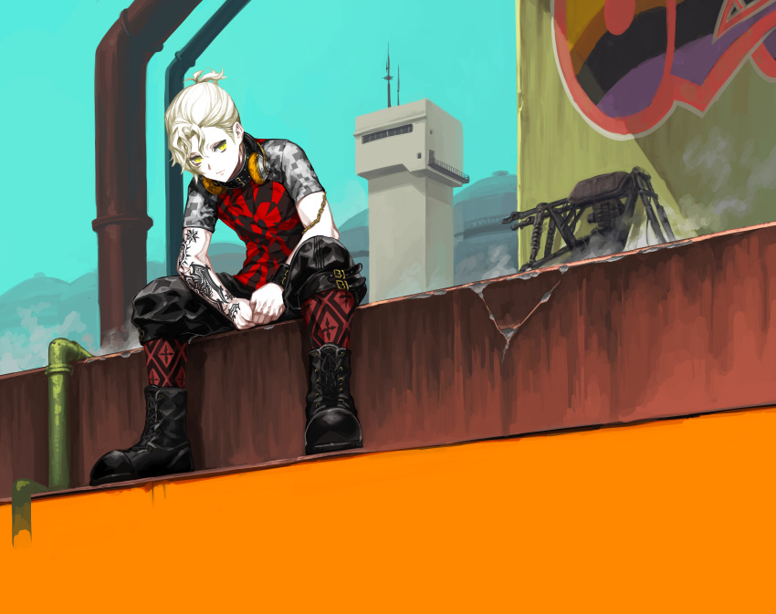 1boy absurdres bad_boy_(module) blonde_hair boots buckle chain graffiti headphones highres kagamine_len leather leather_boots leather_collar looking_down nagimiso pants pipe project_diva_(series) short_hair sitting solo tattoo tower unhappy_refrain_(vocaloid) vocaloid yellow_eyes