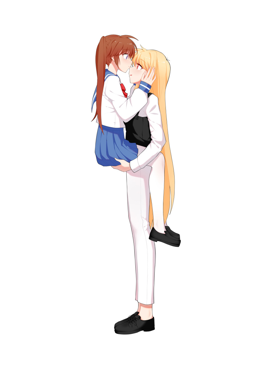 2girls absurdres black_footwear blonde_hair blue_eyes blush brown_hair closed_mouth fate_testarossa height_difference highres holding_another long_hair long_sleeves looking_at_another lyrical_nanoha mahou_shoujo_lyrical_nanoha multiple_girls pants pantyhose parted_lips red_eyes smile takamachi_nanoha very_long_hair white_legwear white_pants wife_and_wife yer yuri