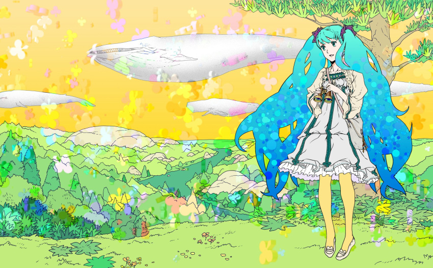 1girl album_cover aqua_eyes aqua_hair binoculars cover flying_whale hatsune_miku highres long_hair nagimiso solo tree twintails very_long_hair vocaloid whale