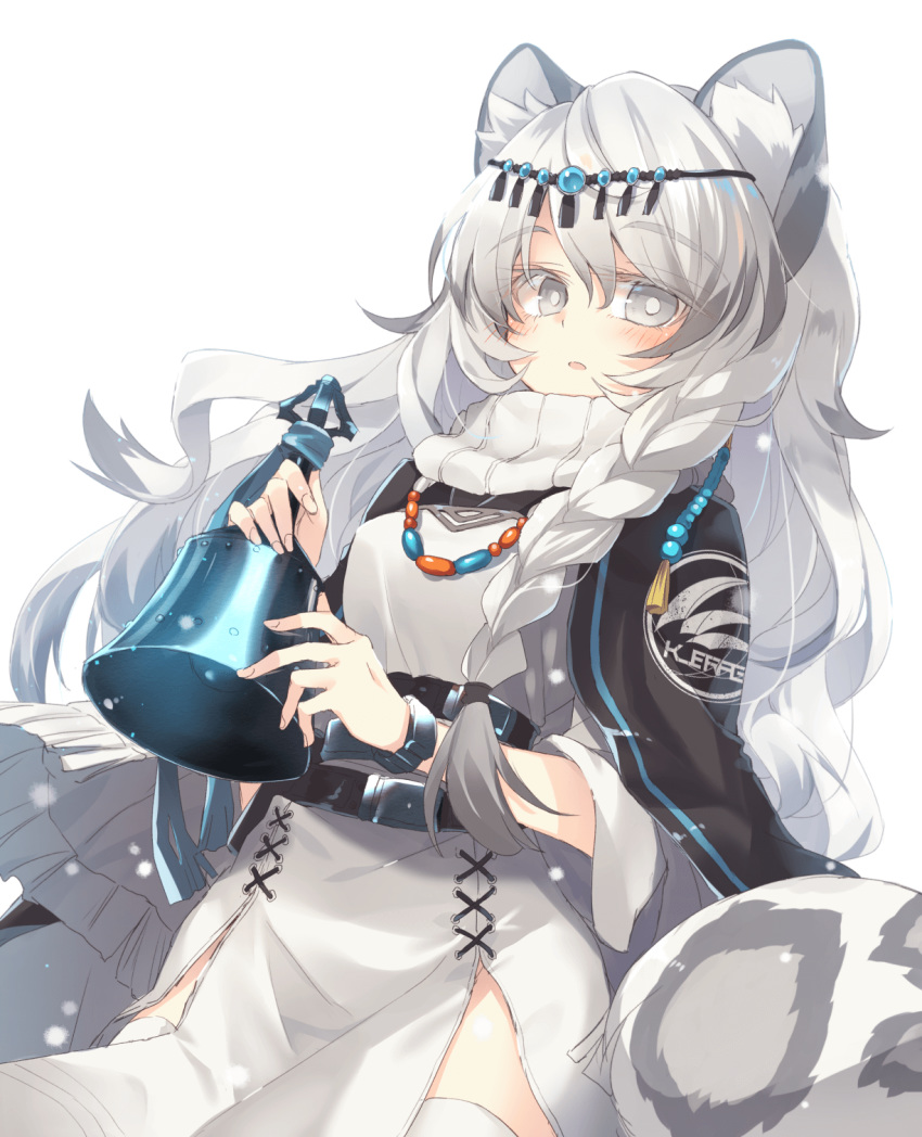 1girl animal_ear_fluff animal_ears arknights bangs bead_necklace beads bell black_capelet blush braid capelet commentary cowboy_shot dress eyebrows_visible_through_hair grey_eyes hair_between_eyes head_chain highres holding holding_bell jewelry leopard_ears leopard_tail long_hair looking_at_viewer necklace parted_lips pramanix_(arknights) satou_kibi silver_hair simple_background single_braid solo standing tail thighhighs white_background white_dress white_legwear