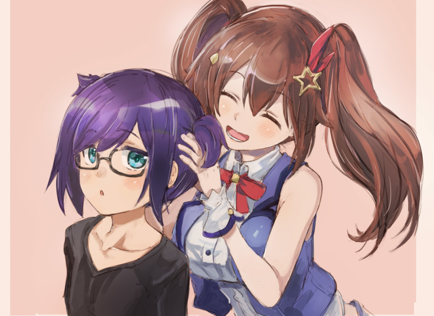 2girls alternate_hairstyle asymmetrical_bangs bangs black_shirt blue_eyes blue_jacket blush bow bowtie breasts brown_hair closed_eyes collared_shirt cropped_jacket eyebrows_visible_through_hair glasses hair_between_eyes hair_ornament hair_ribbon hand_in_another's_hair hololive jacket looking_at_another medium_breasts medium_hair multiple_girls open_mouth parted_bangs pink_background purple_hair red_neckwear ribbon shirt short_hair short_twintails simple_background sleeveless sleeveless_jacket small_breasts smile star star_hair_ornament swept_bangs t-shirt tokino_sora tokino_sora_channel twintails twintails_day upper_body virtual_youtuber white_shirt wing_collar wrist_cuffs yohane yuujin_a_(tokino_sora_channel)