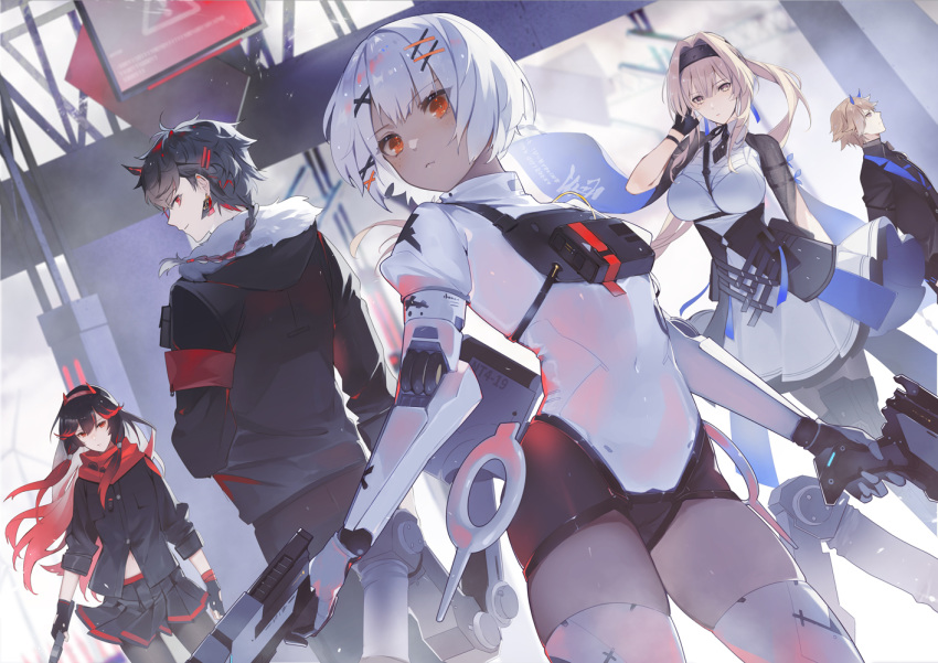 group gun long_hair short_hair skirt tagme_(character) thighhighs vhumiku weapon