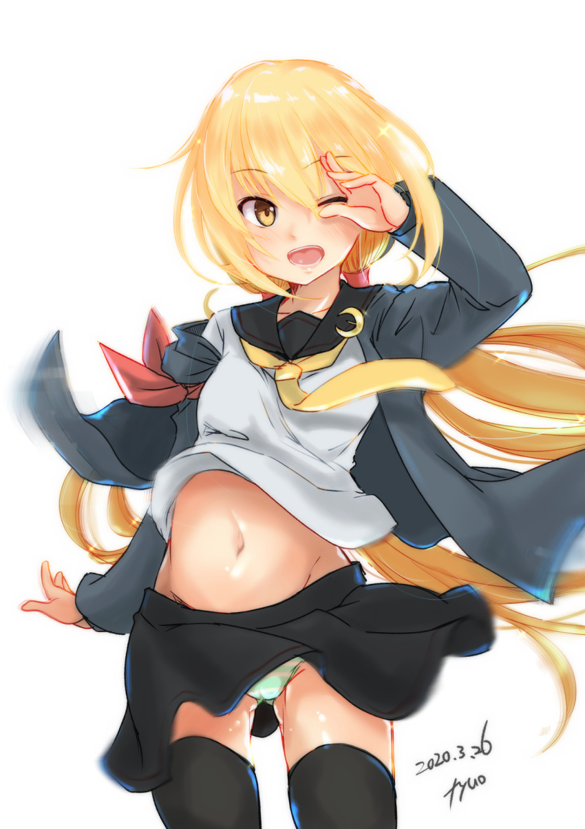 1girl black_legwear black_serafuku blonde_hair blush breasts commentary_request crescent crescent_moon_pin eyebrows_visible_through_hair fyuo hair_between_eyes hair_ornament highres kantai_collection long_hair long_sleeves looking_at_viewer low_twintails navel neckerchief necktie one_eye_closed open_mouth panties remodel_(kantai_collection) revision satsuki_(kantai_collection) school_uniform serafuku simple_background skirt smile solo striped striped_panties thighhighs twintails underwear white_background wind wind_lift yellow_eyes